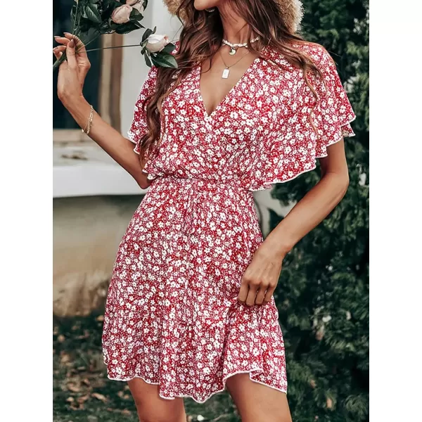 imageCUPSHE Womens VNeck Flared Sleeve Ditsy AShape Dress Froral Print Beach Summer Short DressesRed