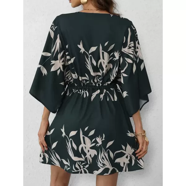 imageCUPSHE Womens VNeck Flared Sleeve Elastic Waist Drawstring Loose Dress Button Down Floral Print Short DressesArmy Green