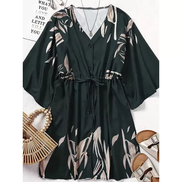imageCUPSHE Womens VNeck Flared Sleeve Elastic Waist Drawstring Loose Dress Button Down Floral Print Short DressesArmy Green