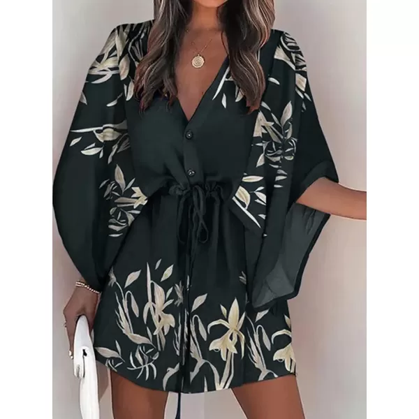 imageCUPSHE Womens VNeck Flared Sleeve Elastic Waist Drawstring Loose Dress Button Down Floral Print Short DressesArmy Green