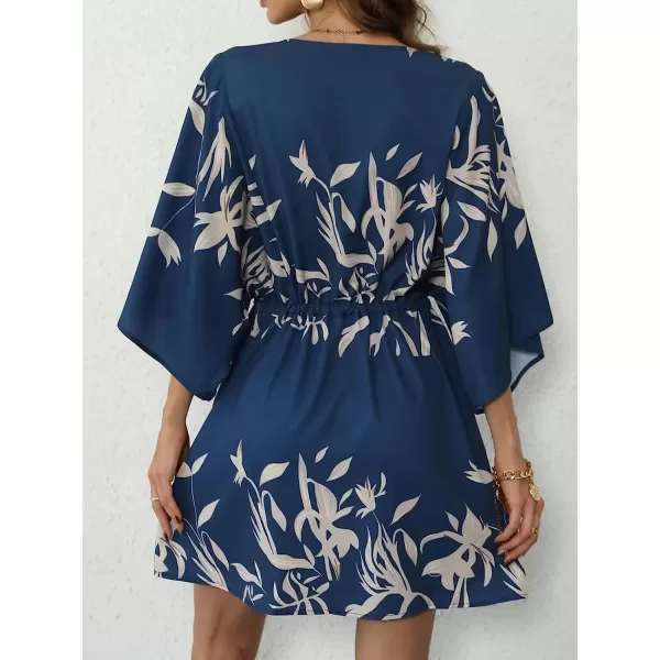 imageCUPSHE Womens VNeck Flared Sleeve Elastic Waist Drawstring Loose Dress Button Down Floral Print Short DressesNavy