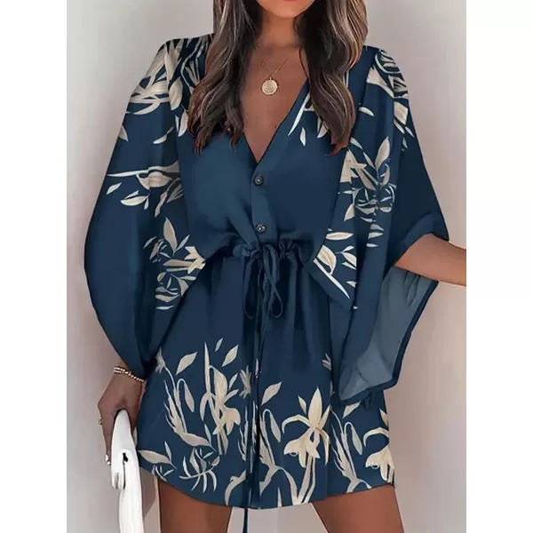imageCUPSHE Womens VNeck Flared Sleeve Elastic Waist Drawstring Loose Dress Button Down Floral Print Short DressesNavy