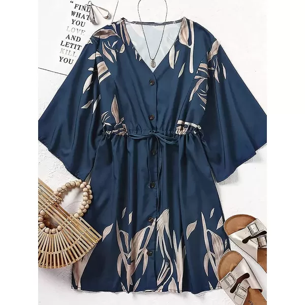 imageCUPSHE Womens VNeck Flared Sleeve Elastic Waist Drawstring Loose Dress Button Down Floral Print Short DressesNavy