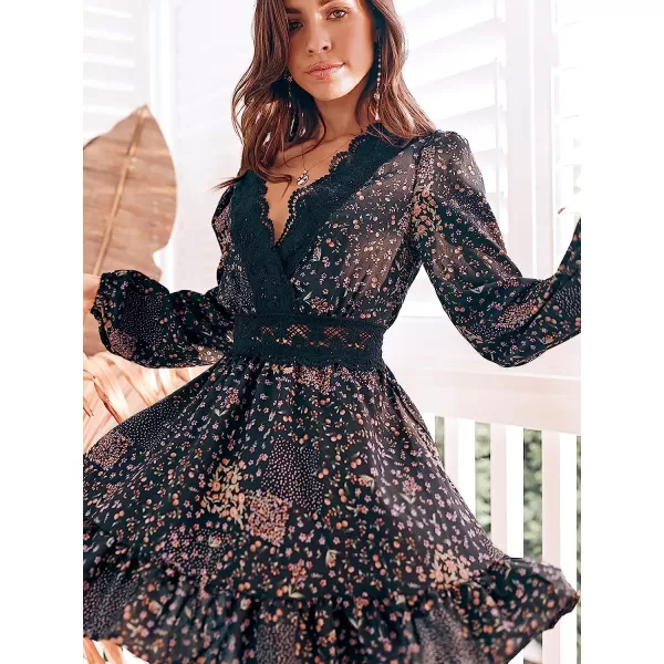 imageCUPSHE Womens VNeck Lace Trim Floral Dress Autumn Elastic Waist Above The Knee Length DressesFloral