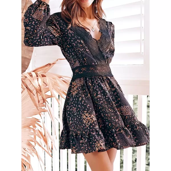 imageCUPSHE Womens VNeck Lace Trim Floral Dress Autumn Elastic Waist Above The Knee Length DressesFloral