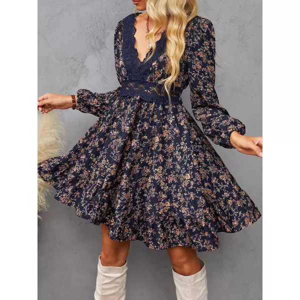 imageCUPSHE Womens VNeck Lace Trim Floral Dress Autumn Elastic Waist Above The Knee Length DressesFloralb