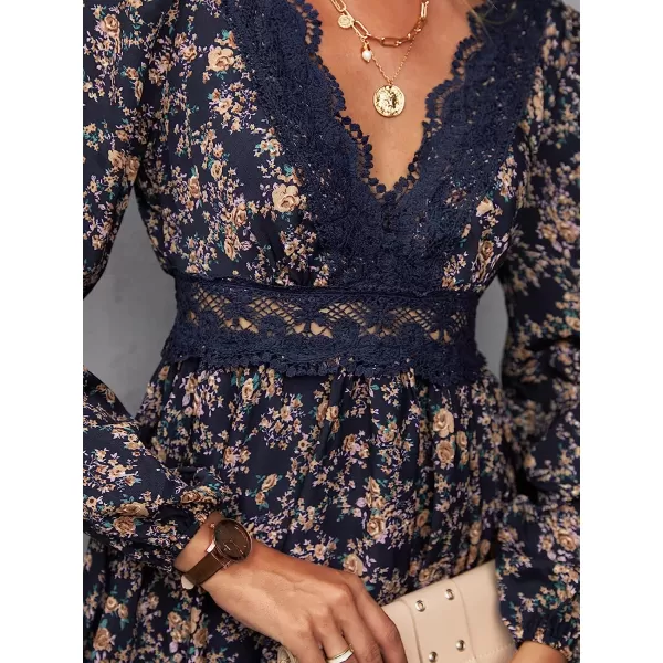 imageCUPSHE Womens VNeck Lace Trim Floral Dress Autumn Elastic Waist Above The Knee Length DressesFloralb