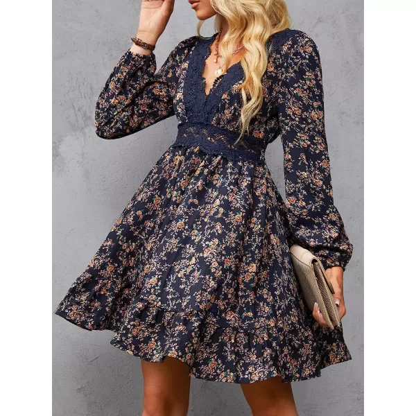 imageCUPSHE Womens VNeck Lace Trim Floral Dress Autumn Elastic Waist Above The Knee Length DressesFloralb