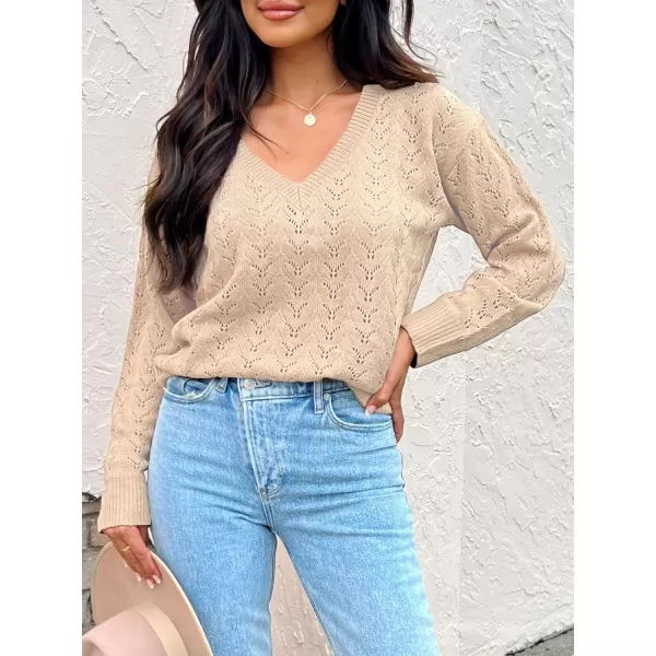 imageCUPSHE Womens VNeck Long Sleeve Knit Sweater Dropped Shoulders Pullover with Ribbed TrimBeige
