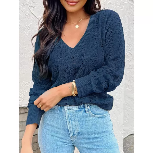 imageCUPSHE Womens VNeck Long Sleeve Knit Sweater Dropped Shoulders Pullover with Ribbed TrimDark Blue
