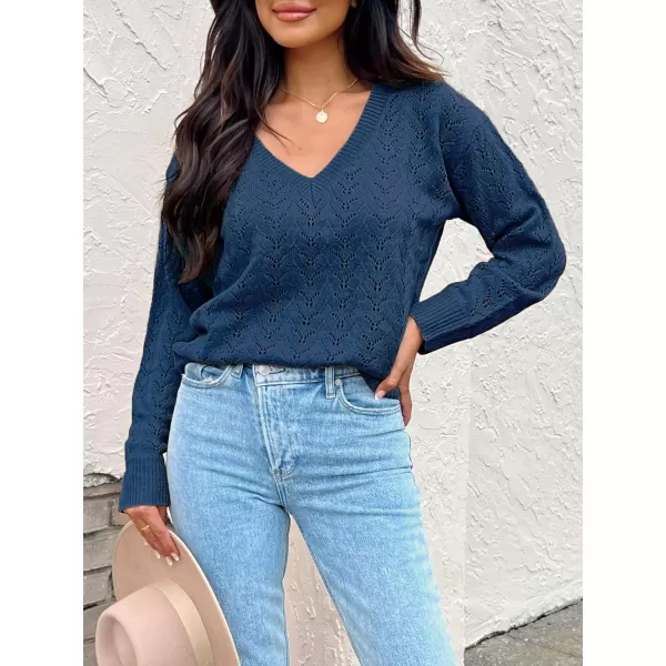 imageCUPSHE Womens VNeck Long Sleeve Knit Sweater Dropped Shoulders Pullover with Ribbed TrimDark Blue