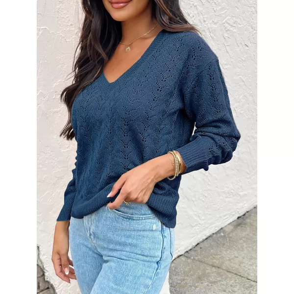 imageCUPSHE Womens VNeck Long Sleeve Knit Sweater Dropped Shoulders Pullover with Ribbed TrimDark Blue