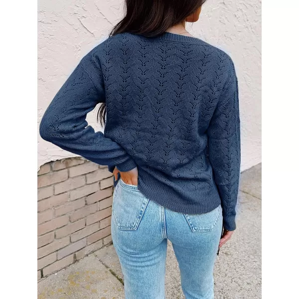 imageCUPSHE Womens VNeck Long Sleeve Knit Sweater Dropped Shoulders Pullover with Ribbed TrimDark Blue