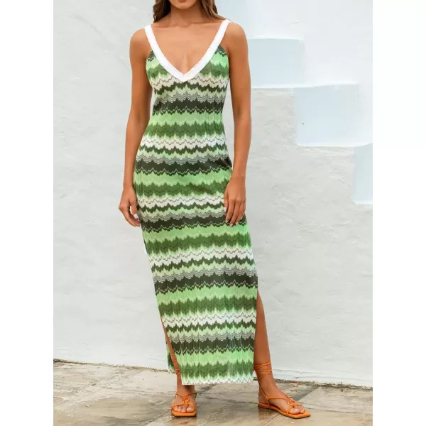 imageCUPSHE Womens VNeck Maxi CoverUp Dress Wavy Striped Backless Sleeveless Dress with Lace TrimGreen