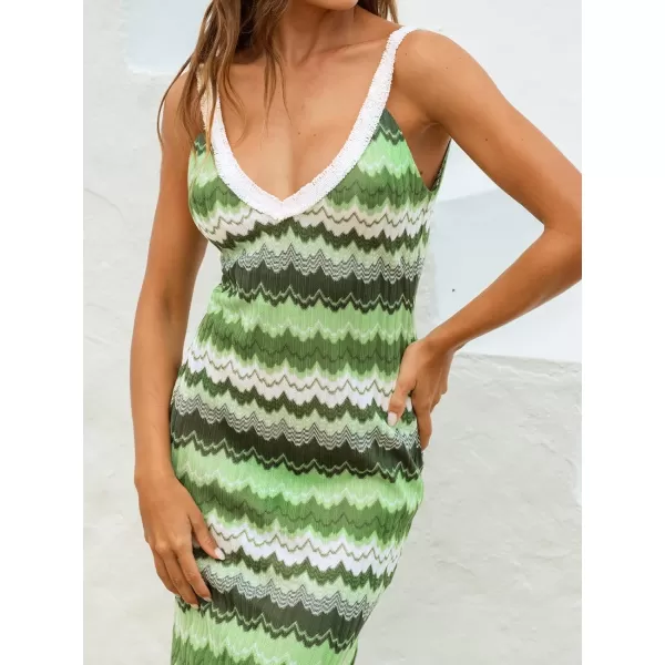imageCUPSHE Womens VNeck Maxi CoverUp Dress Wavy Striped Backless Sleeveless Dress with Lace TrimGreen