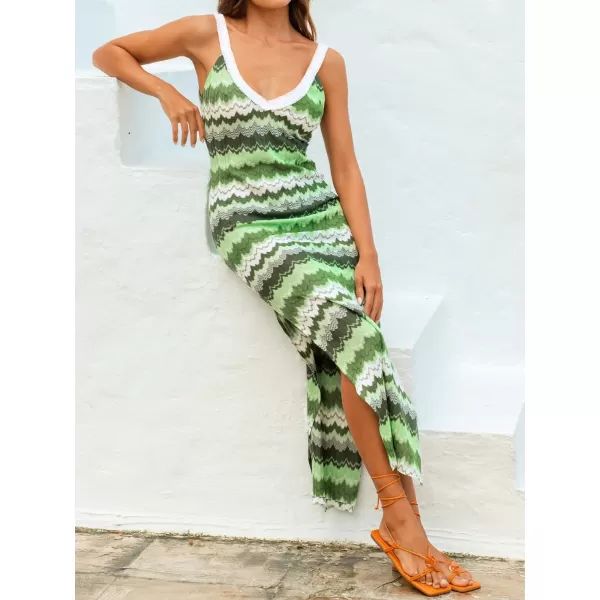 imageCUPSHE Womens VNeck Maxi CoverUp Dress Wavy Striped Backless Sleeveless Dress with Lace TrimGreen