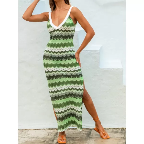imageCUPSHE Womens VNeck Maxi CoverUp Dress Wavy Striped Backless Sleeveless Dress with Lace TrimGreen