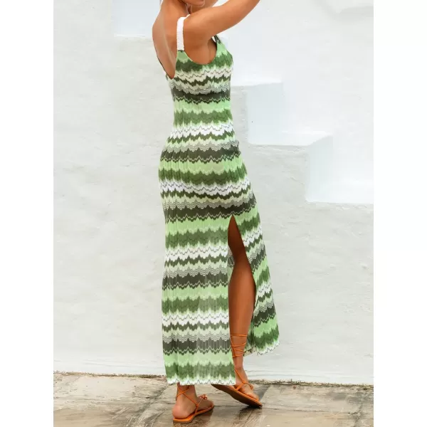 imageCUPSHE Womens VNeck Maxi CoverUp Dress Wavy Striped Backless Sleeveless Dress with Lace TrimGreen