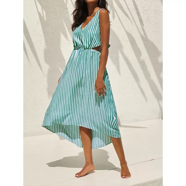 imageCUPSHE Womens VNeck Mid Calf Striped Elastic Waist DressGreen