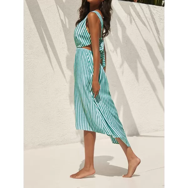 imageCUPSHE Womens VNeck Mid Calf Striped Elastic Waist DressGreen