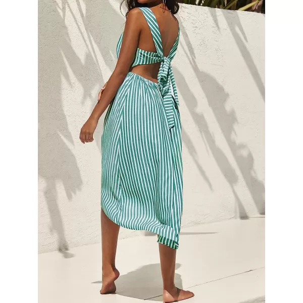 imageCUPSHE Womens VNeck Mid Calf Striped Elastic Waist DressGreen