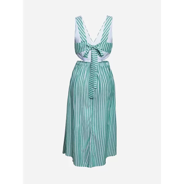 imageCUPSHE Womens VNeck Mid Calf Striped Elastic Waist DressGreen