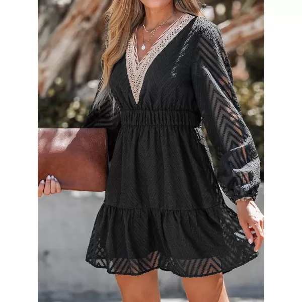 imageCUPSHE Womens VNeck Peasant Sleeve Dress Lace Sleeves Dresses Mini Dressing CasualBlack