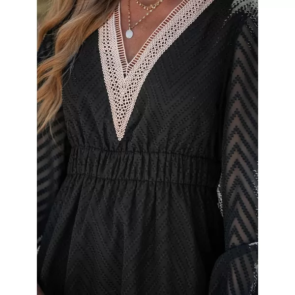 imageCUPSHE Womens VNeck Peasant Sleeve Dress Lace Sleeves Dresses Mini Dressing CasualBlack