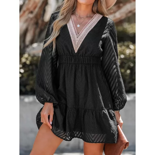 imageCUPSHE Womens VNeck Peasant Sleeve Dress Lace Sleeves Dresses Mini Dressing CasualBlack