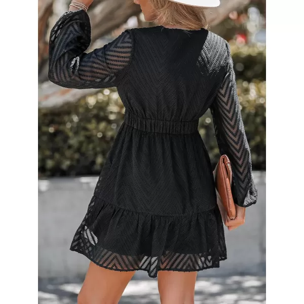imageCUPSHE Womens VNeck Peasant Sleeve Dress Lace Sleeves Dresses Mini Dressing CasualBlack