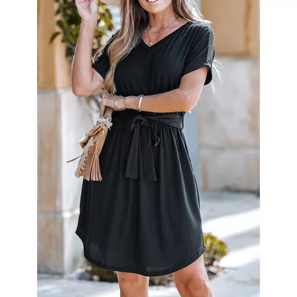 imageCUPSHE Womens VNeck Short Sleeve Mini Dress Belt Dresses Casual SummerBlack