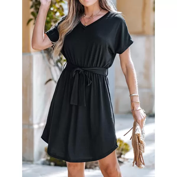 imageCUPSHE Womens VNeck Short Sleeve Mini Dress Belt Dresses Casual SummerBlack