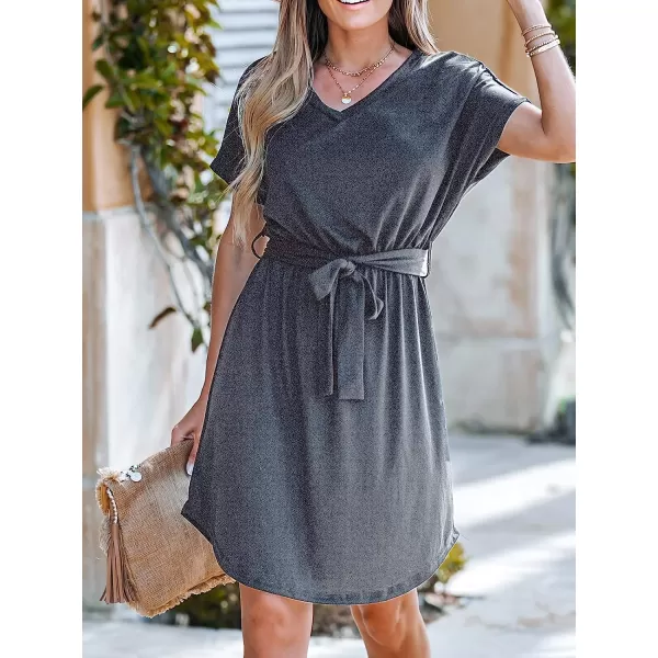 imageCUPSHE Womens VNeck Short Sleeve Mini Dress Belt Dresses Casual SummerGrey