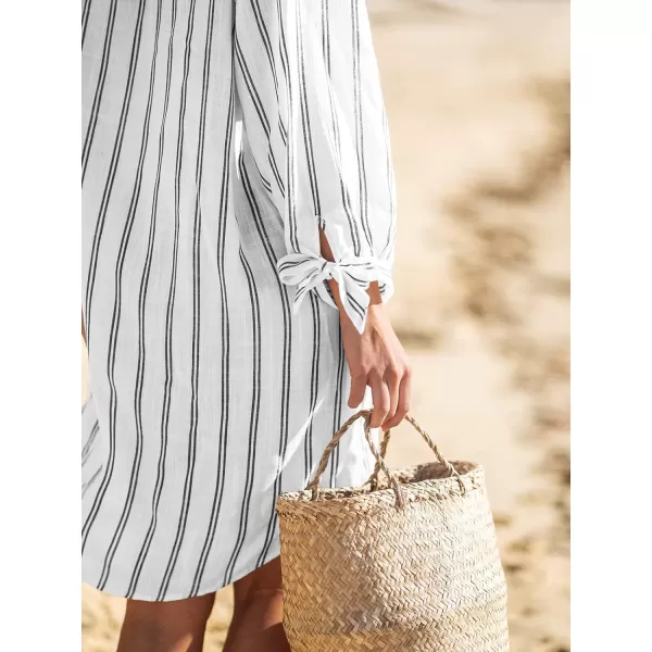 imageCUPSHE Womens VNeck Stripes TieCuff Top Oversized White Long Sleeves Tops BlouseWhite