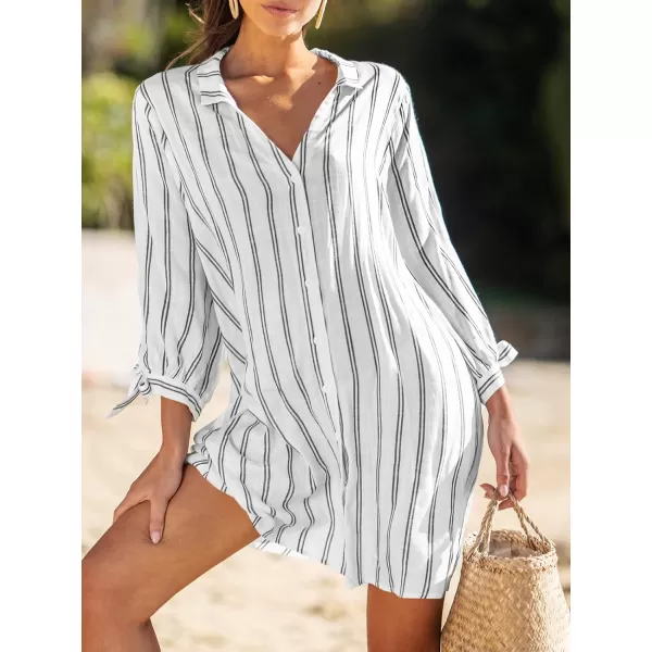 imageCUPSHE Womens VNeck Stripes TieCuff Top Oversized White Long Sleeves Tops BlouseWhite