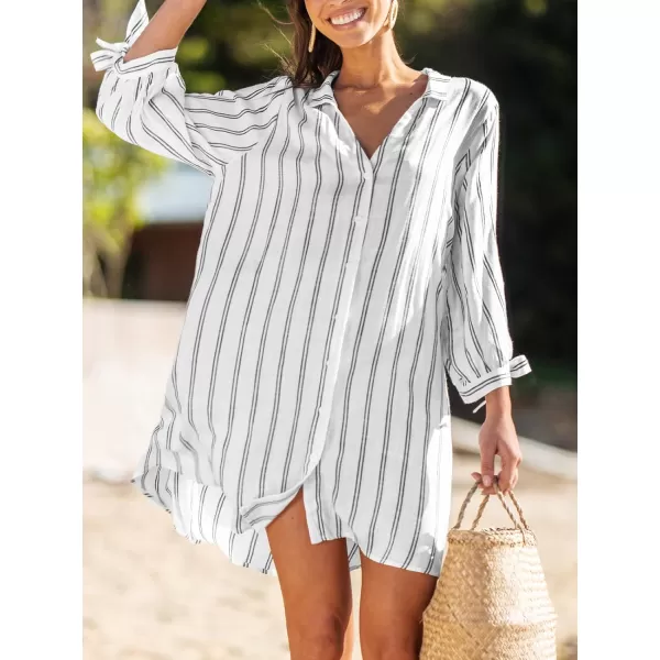 imageCUPSHE Womens VNeck Stripes TieCuff Top Oversized White Long Sleeves Tops BlouseWhite