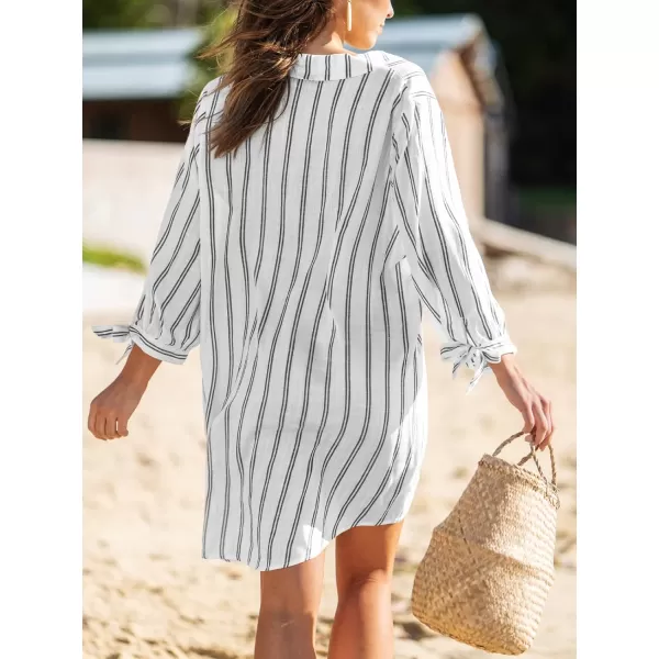 imageCUPSHE Womens VNeck Stripes TieCuff Top Oversized White Long Sleeves Tops BlouseWhite
