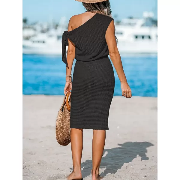 imageCUPSHE Womens Waffle Knit Beach Dress Off Shoulder with Knot Short Sleeve Mini Midi Summer DressesBlack