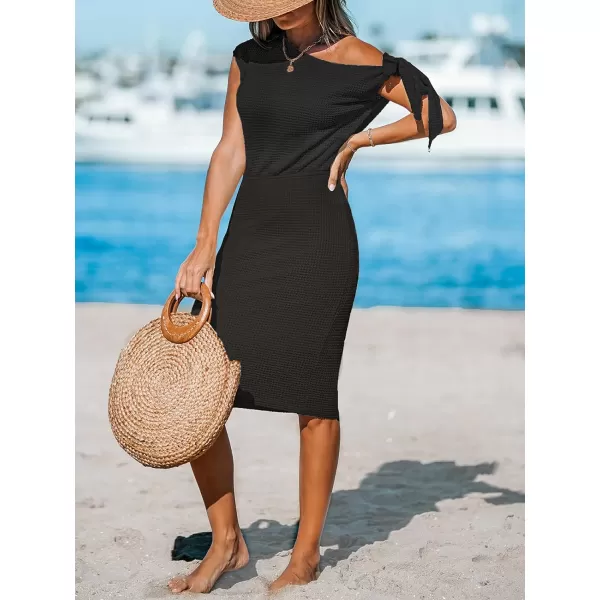 imageCUPSHE Womens Waffle Knit Beach Dress Off Shoulder with Knot Short Sleeve Mini Midi Summer DressesBlack