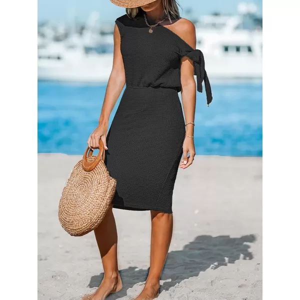 imageCUPSHE Womens Waffle Knit Beach Dress Off Shoulder with Knot Short Sleeve Mini Midi Summer DressesBlack