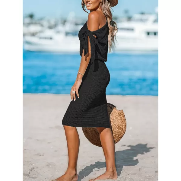 imageCUPSHE Womens Waffle Knit Beach Dress Off Shoulder with Knot Short Sleeve Mini Midi Summer DressesBlack
