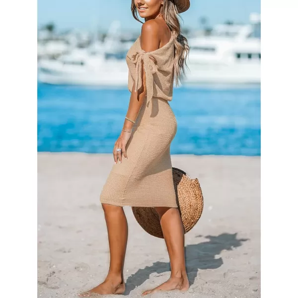 imageCUPSHE Womens Waffle Knit Beach Dress Off Shoulder with Knot Short Sleeve Mini Midi Summer DressesBrown