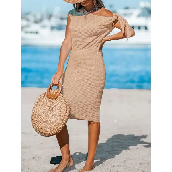 imageCUPSHE Womens Waffle Knit Beach Dress Off Shoulder with Knot Short Sleeve Mini Midi Summer DressesBrown