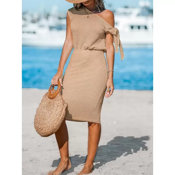 imageCUPSHE Womens Waffle Knit Beach Dress Off Shoulder with Knot Short Sleeve Mini Midi Summer DressesBrown