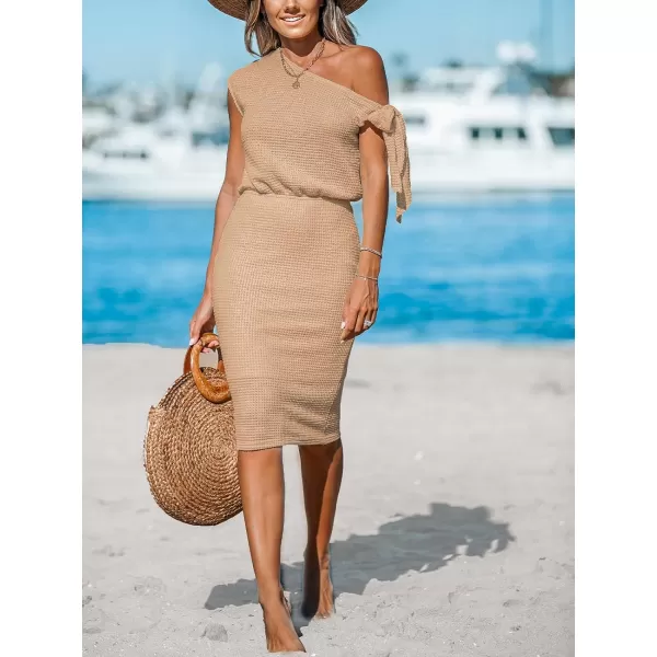 imageCUPSHE Womens Waffle Knit Beach Dress Off Shoulder with Knot Short Sleeve Mini Midi Summer DressesBrown