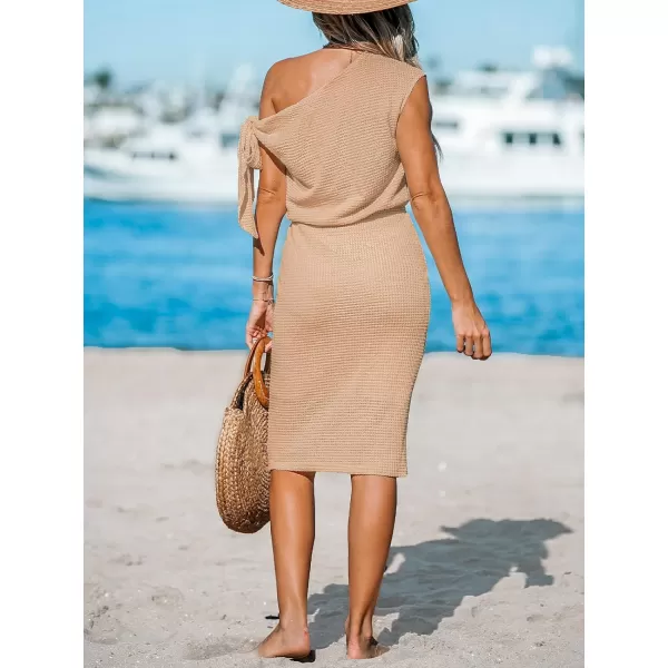 imageCUPSHE Womens Waffle Knit Beach Dress Off Shoulder with Knot Short Sleeve Mini Midi Summer DressesBrown