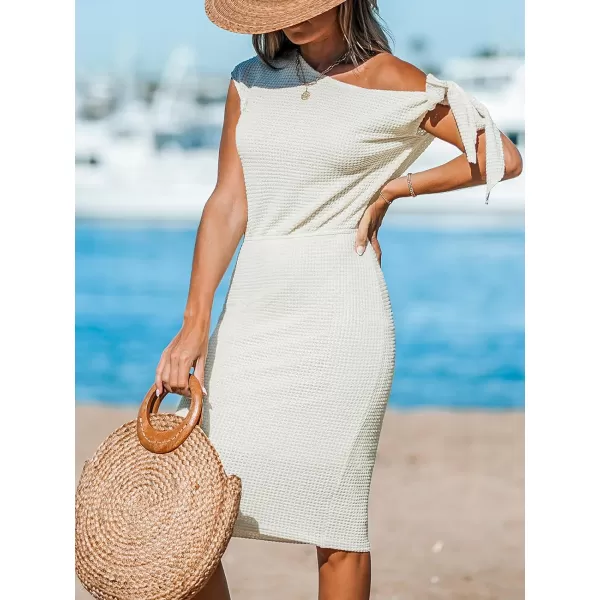 imageCUPSHE Womens Waffle Knit Beach Dress Off Shoulder with Knot Short Sleeve Mini Midi Summer DressesKhaki
