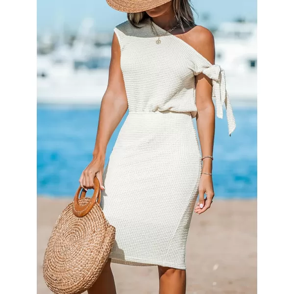 imageCUPSHE Womens Waffle Knit Beach Dress Off Shoulder with Knot Short Sleeve Mini Midi Summer DressesKhaki