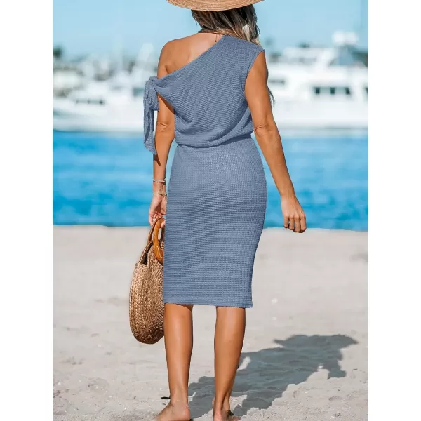 imageCUPSHE Womens Waffle Knit Beach Dress Off Shoulder with Knot Short Sleeve Mini Midi Summer DressesLight Blue
