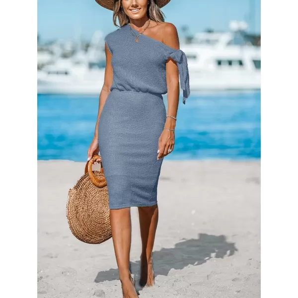 imageCUPSHE Womens Waffle Knit Beach Dress Off Shoulder with Knot Short Sleeve Mini Midi Summer DressesLight Blue